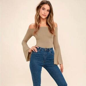 NWOT Lulus Flirt Factor Taupe Off-the-Shoulder Top with bell sleeves